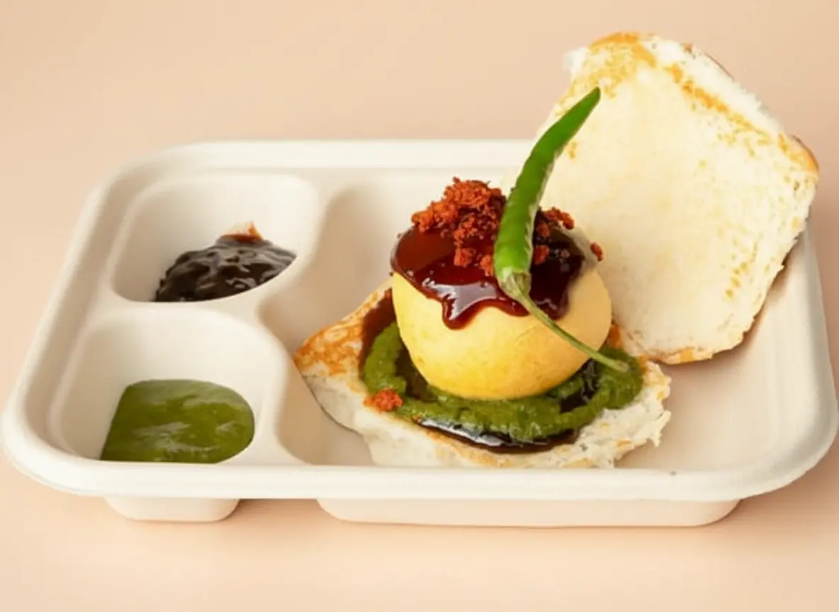 A classic Indian snack featuring a spiced potato filling served in a soft bun.