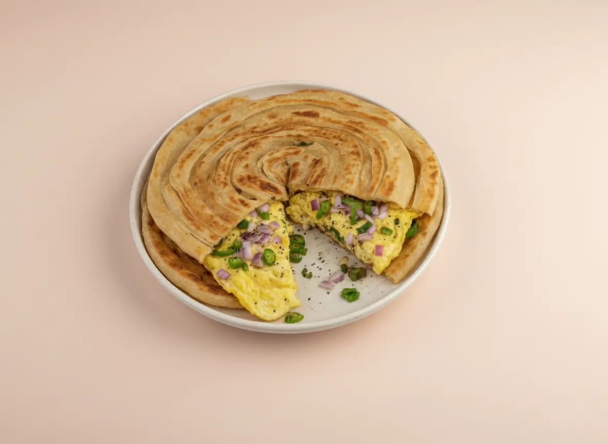 Flaky flatbread layered with a cooked egg filling, offering a simple and satisfying breakfast option.
