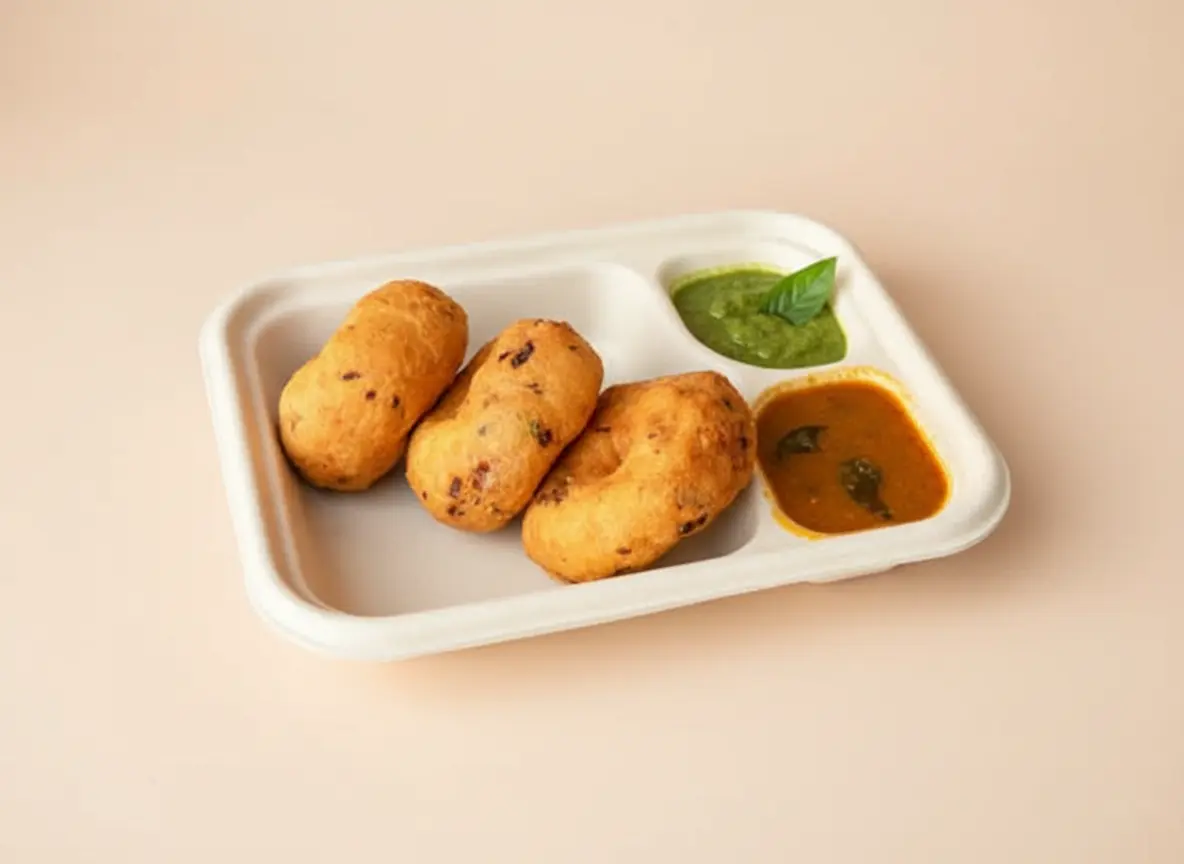 Traditional South Indian lentil stew served with crispy lentil fritters.