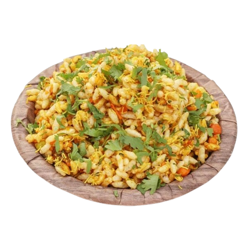 Puffed rice mixed with mustard oil, peanuts, onions, and spices