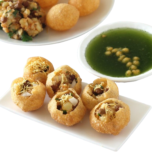 Hollow crispy puris filled with spiced potato and tangy flavored water