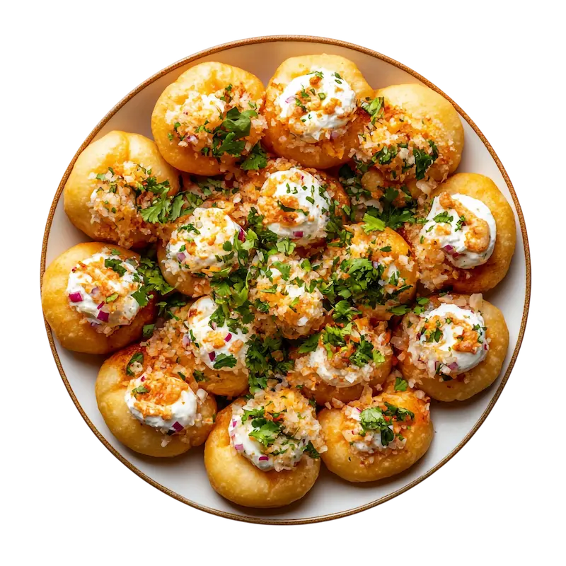 Puris filled with potato, topped with yogurt, chutneys, and mild spices