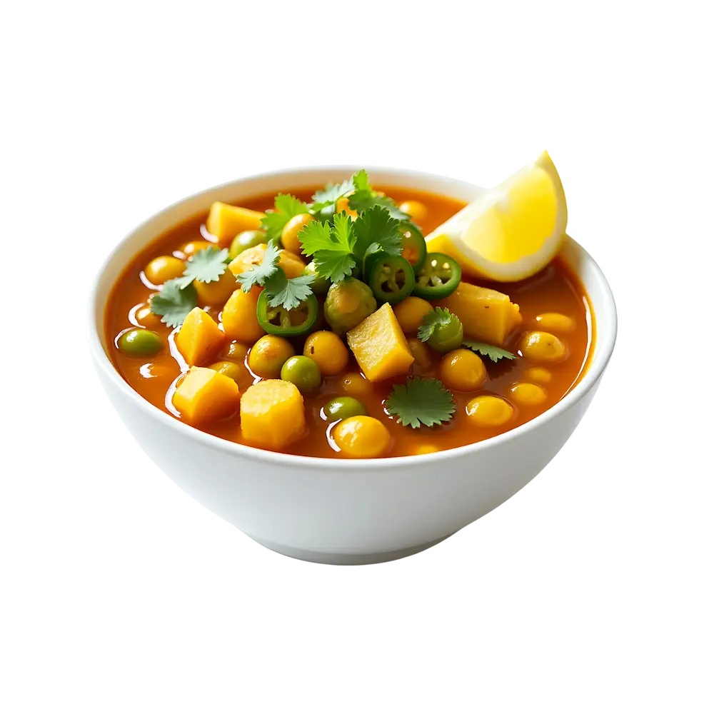 Chickpeas tossed with tamarind, chili, onions, and fresh herbs